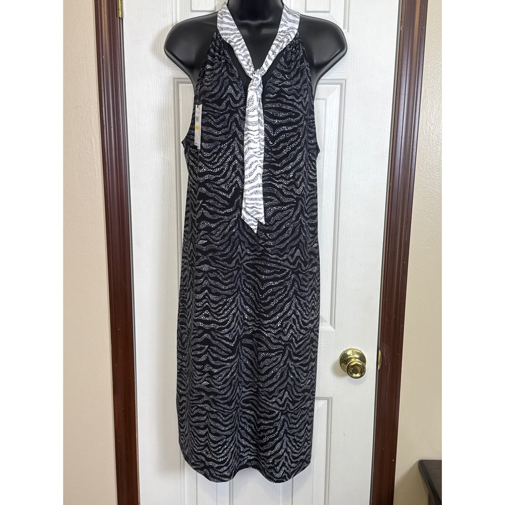 Halston Halter Dress Sleeveless Black White Print‎ Party Cocktail Size M